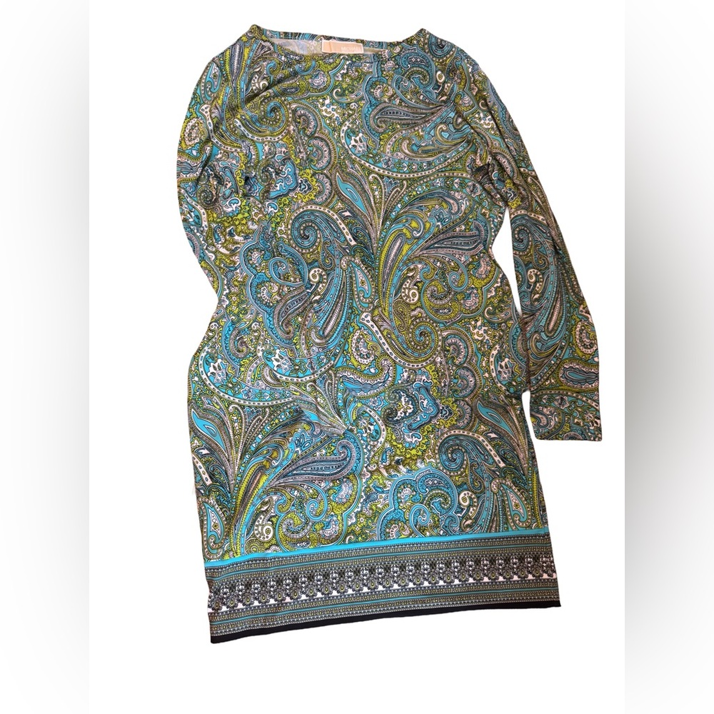 Michael Kors Green and Blue Paisley Long Sleeve Dress
